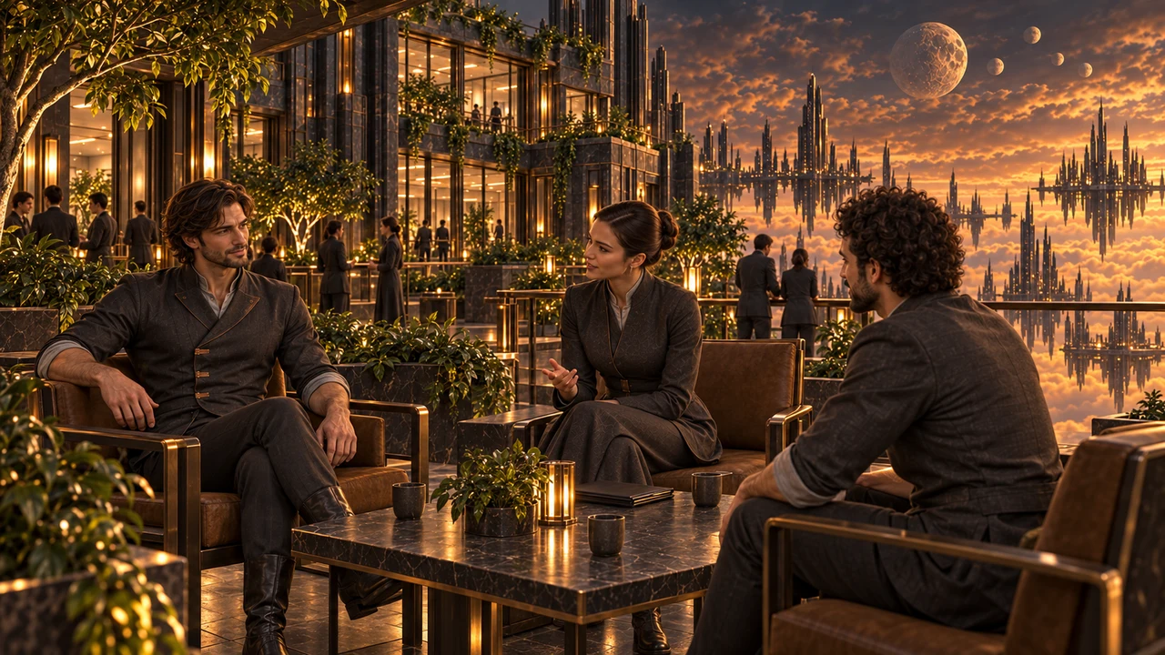 Three civilian researchers share a quiet common space in graphite working clothes, with warm light and views toward Saurenn.