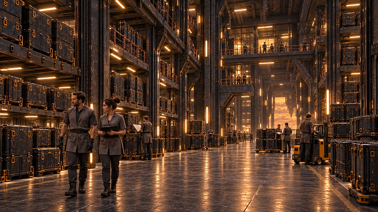 Deep warehouse aisles run between reinforced supplies and dark structural bays under warm task lighting.