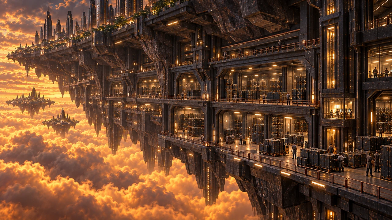 A multilevel graphite warehouse complex hangs beneath Saurenn’s city platforms, with receiving decks, storage galleries and warm amber lights.