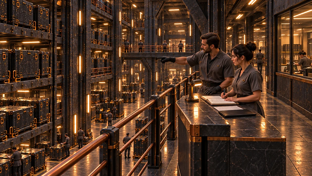 Storekeepers review stock and records from protected graphite galleries within the undercloud warehouses.
