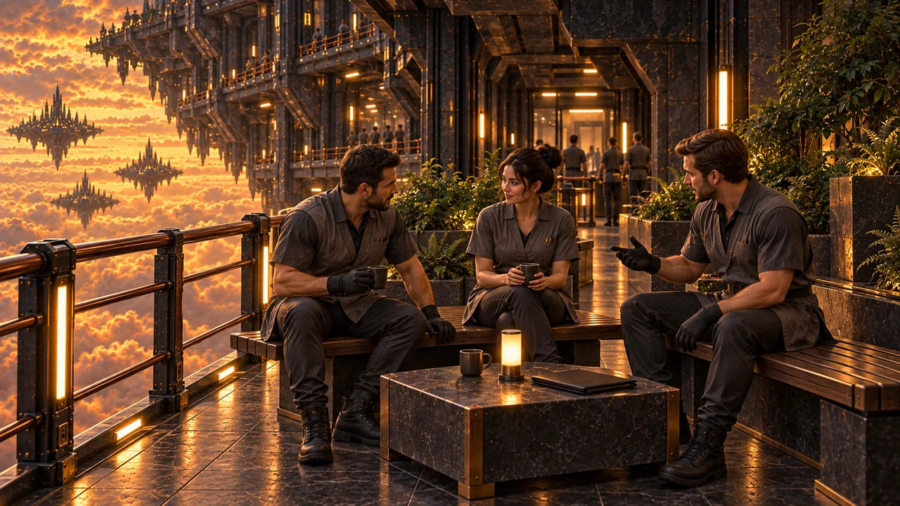 Three storekeepers rest on benches around a low table with cups and a closed folio in a sheltered undercloud common space.