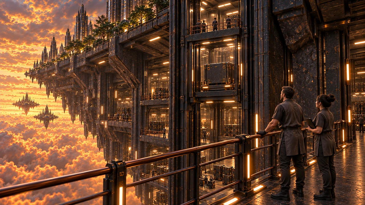 A glazed freight carriage with its gate closed rises toward Saurenn’s upper platforms while workers watch from behind a railing.