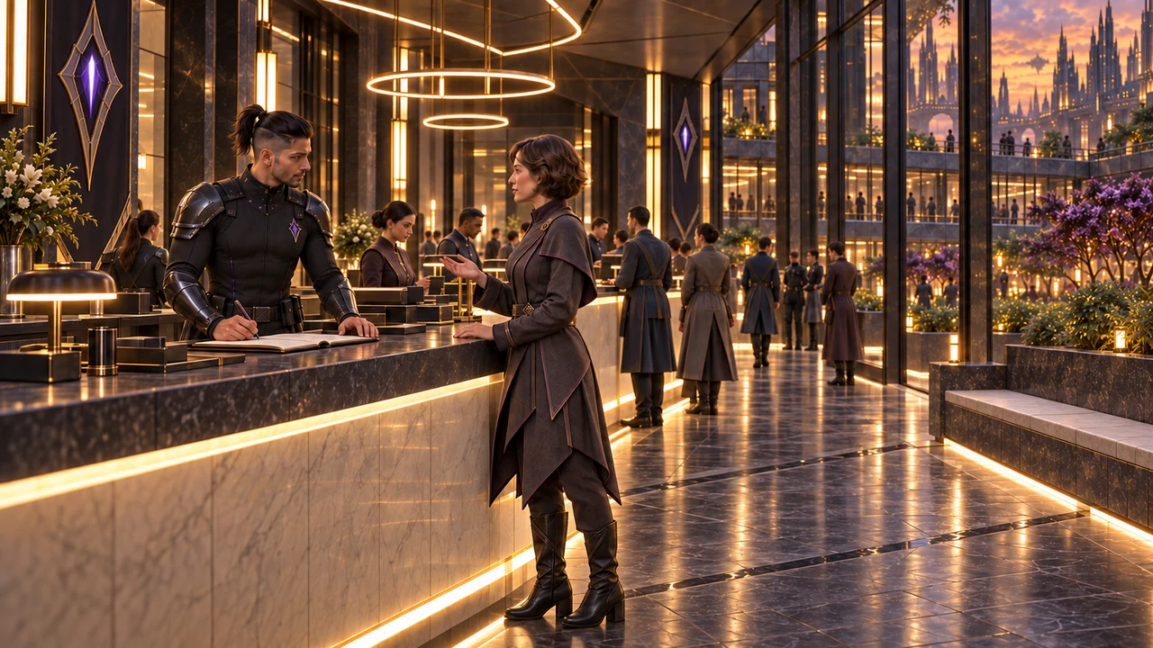 The officer listens to the visitor across a mineral reception counter; the bench by the lower-right window is empty.