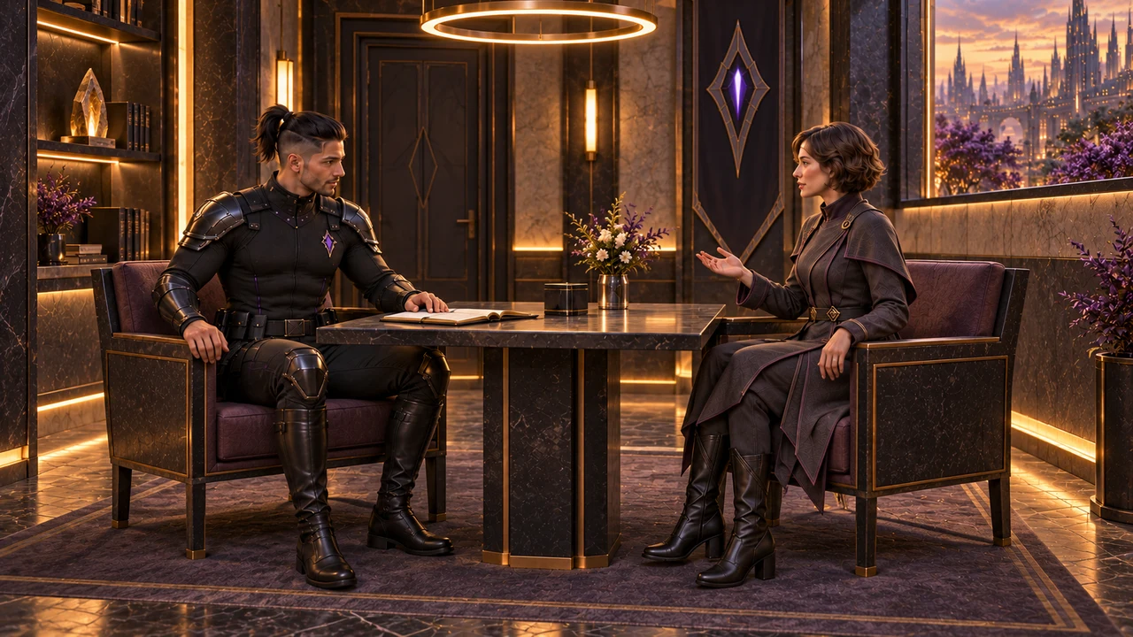 The officer and visitor sit in equivalent armchairs across a mineral table, with an open record, warm light and a window toward Saurenn.