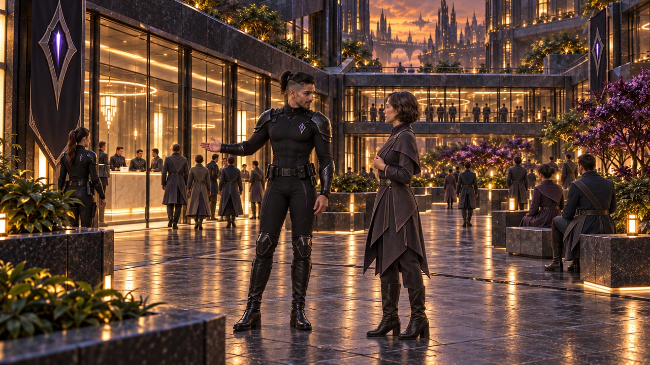 A graphite-armoured Watch officer with an undercut ponytail guides a woman in a structured plum tunic toward reception across the planted forecourt.