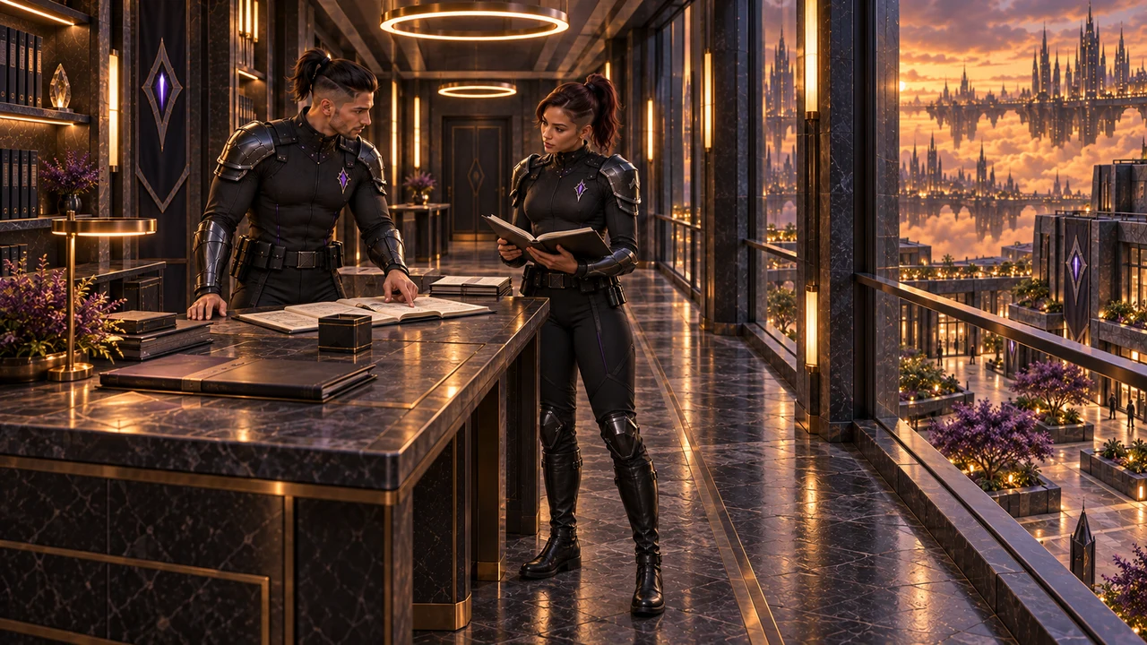 Two local Watch officers in graphite uniforms and undercut ponytails compare open records in a glazed gallery above the planted court.