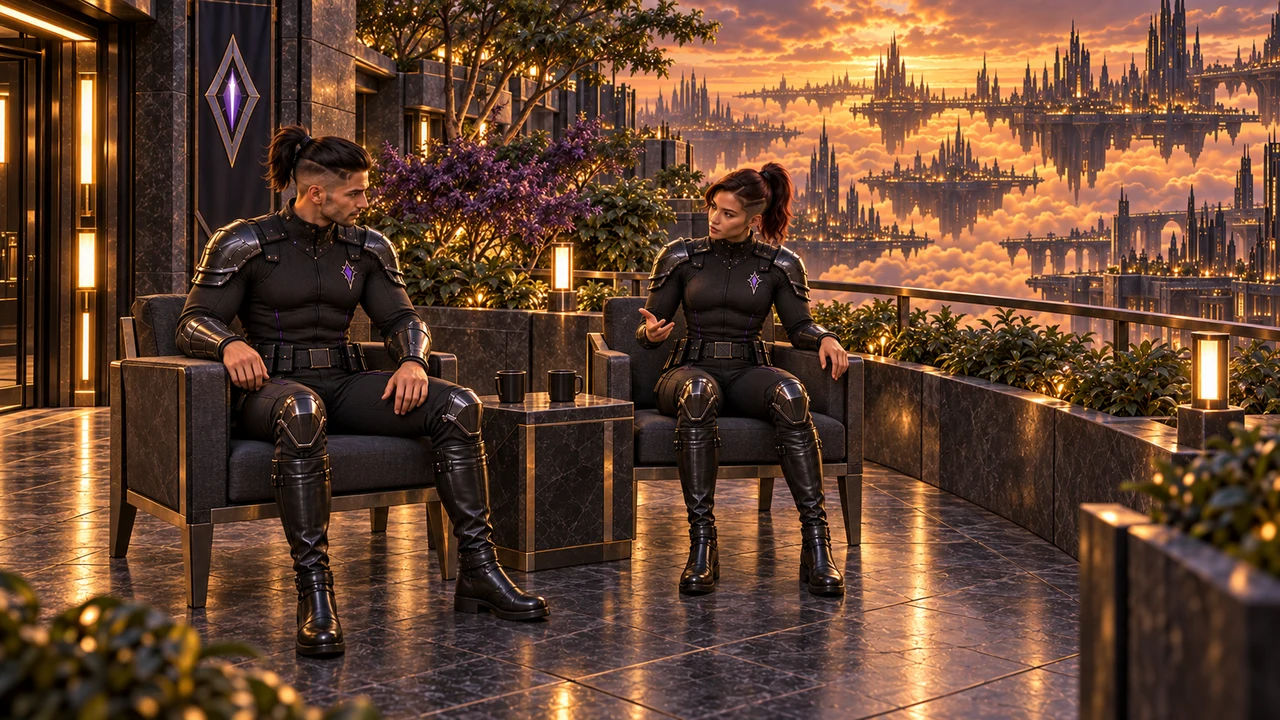 Two Watch colleagues in complete patrol uniforms sit in separate outdoor armchairs beside a small table and look toward each other, with amber cloud platforms beyond the terrace.