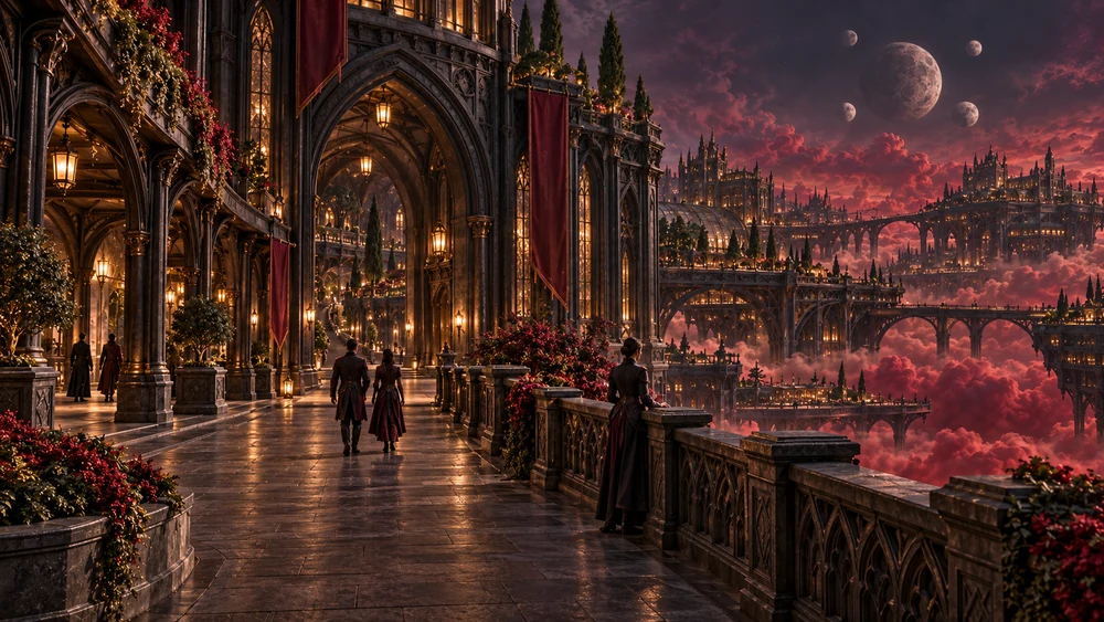 Residents walk along a broad stone promenade beneath a great iron arch, beside a protected view of the suspended city.