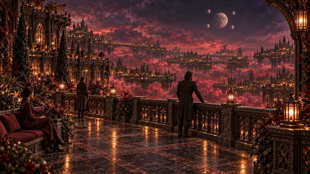 Three adult residents occupy a broad stone overlook with seating, planting and a continuous parapet, facing illuminated platforms beneath a compact group of five moons.