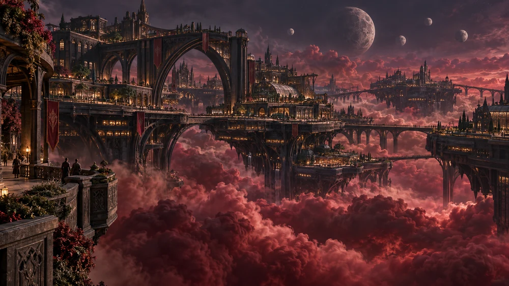 A vast suspended city of graphite stone and iron arches rises above crimson clouds, with illuminated bridges and planted terraces.