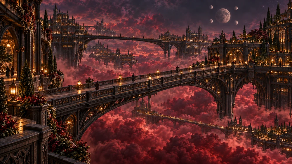 Broad iron-supported bridges cross between illuminated city platforms at different heights above deep crimson clouds.