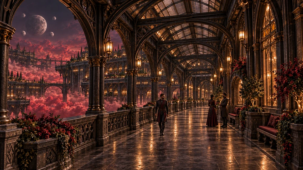 A covered gallery with curved iron ribs, glazed roof sections and benches opens toward Dravosk’s crimson cloudscape.