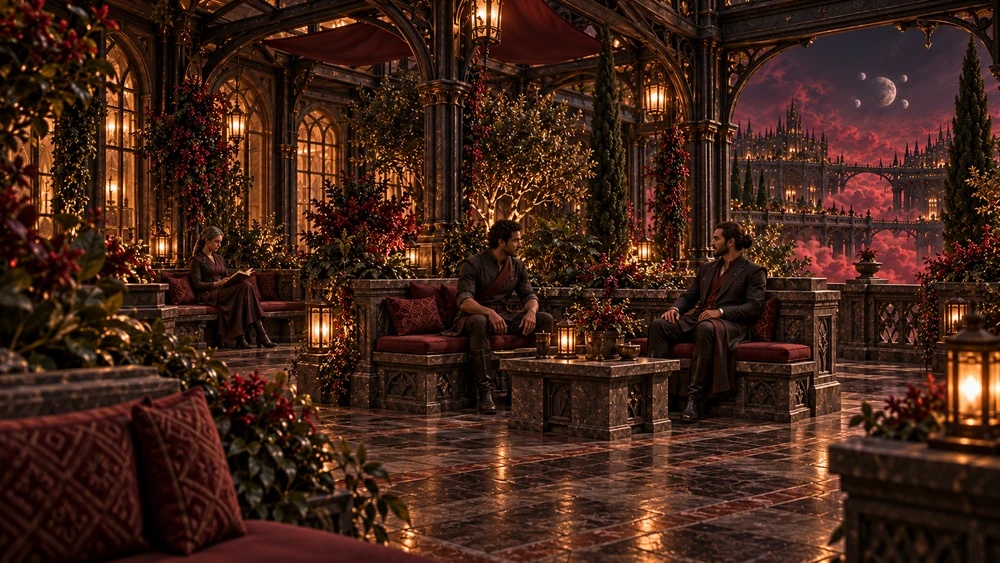 Two adult men sit on separate benches near a low table while a woman reads farther back in a planted, sheltered common space.
