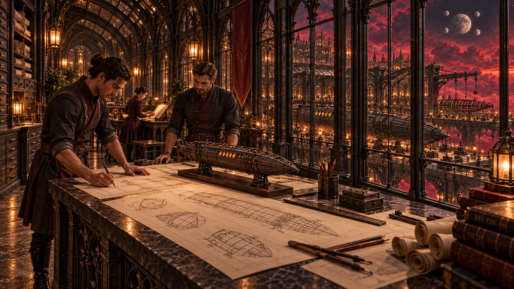 Two civilian designers work beside hull drawings and a scale model, while another designer works farther back in a glazed gallery overlooking the shipyards.