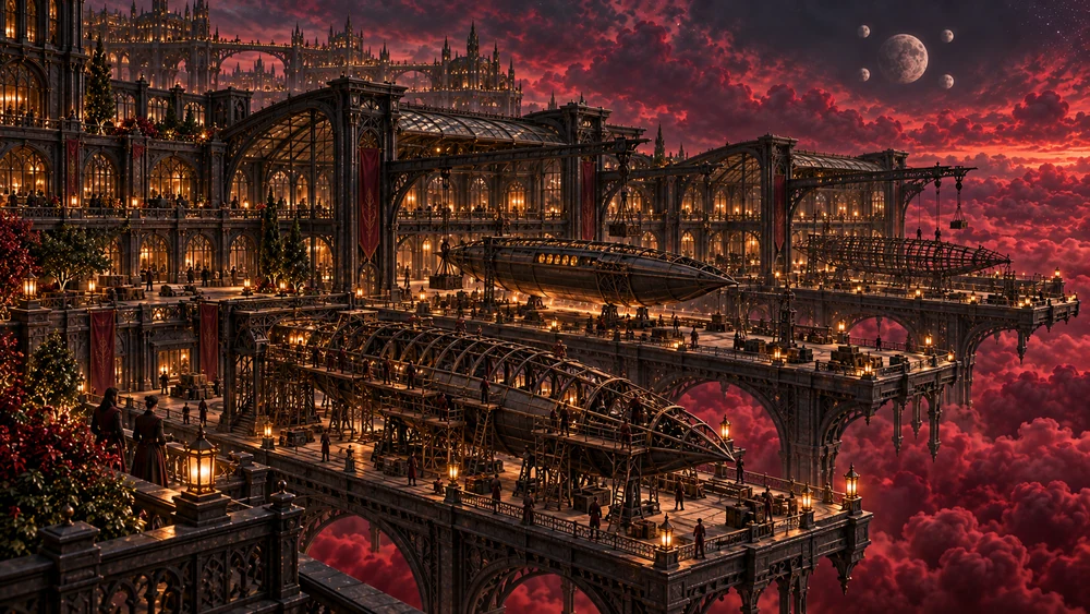 Three suspended assembly platforms hold transport hulls at different stages of construction beneath large iron portals and a compact group of five moons.