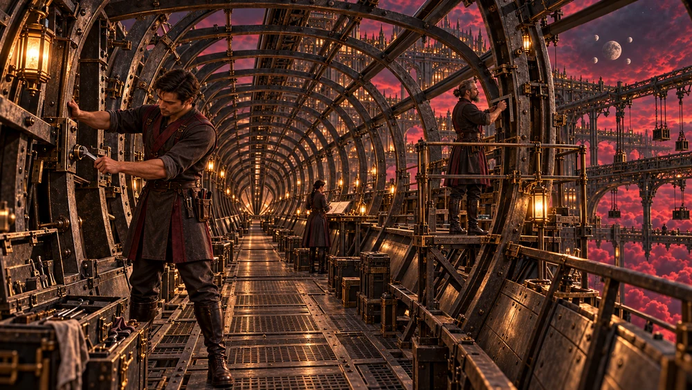 Shipwrights adjust structural connections inside a partially clad graphite vessel, with exposed ribs, a continuous work deck and a guarded raised platform.