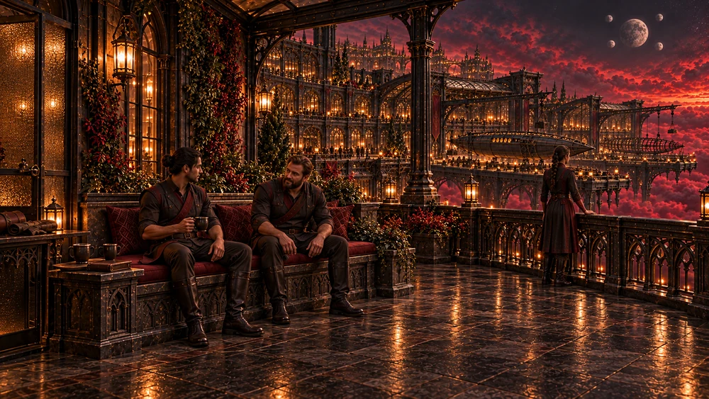 Two civilian shipwrights sit on a cushioned bench while a colleague rests beside the parapet, overlooking the illuminated shipyards above crimson clouds.
