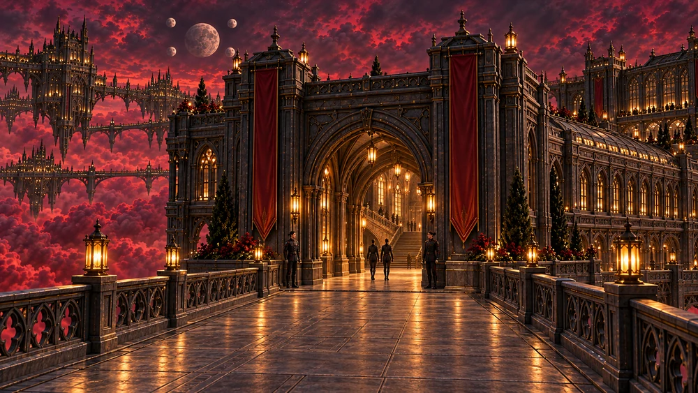 Uniformed guards stand beside a pointed iron gateway at the end of a protected bridge, with a lit stair visible through the arch.