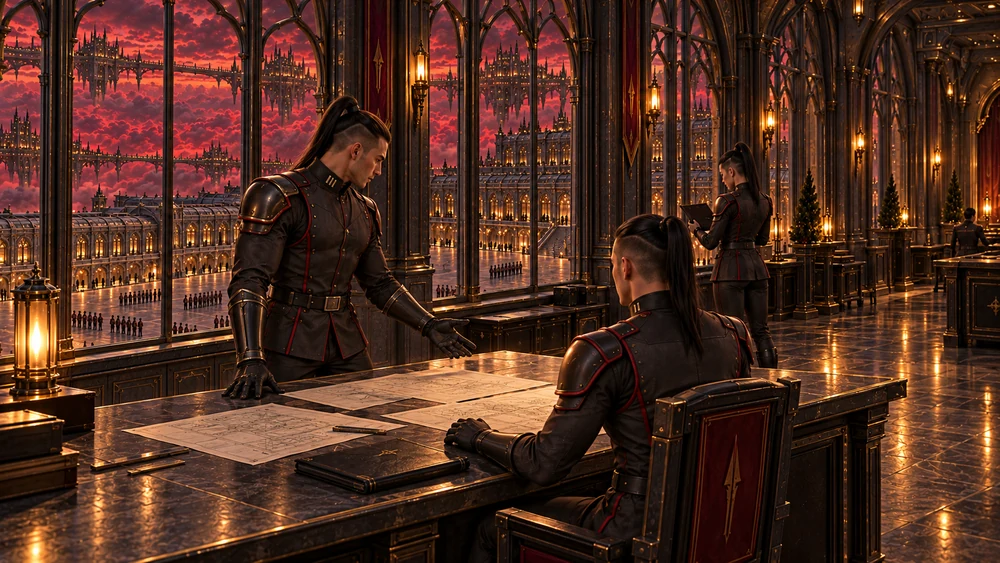 Two uniformed officers work at a table in a tall glazed gallery, with another officer holding a folio by the window and the cantonment visible outside.