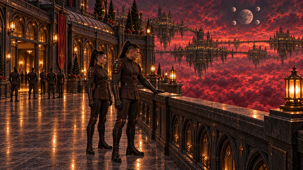 Two legionaries stand fully inside a guarded stone terrace, one resting a gloved hand on the parapet, with other troops near the hall and five clustered moons above the city.