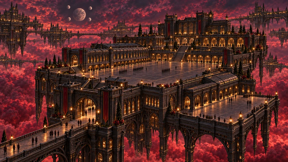 A suspended military cantonment of dark iron and stone surrounds a broad court above crimson clouds, beneath one large moon and four smaller moons.