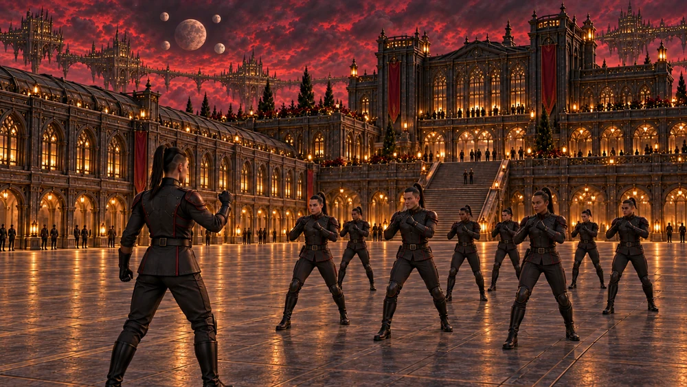 A sergeant seen from behind instructs a staggered formation of legionaries in a paved courtyard, beneath one large moon and four smaller moons.