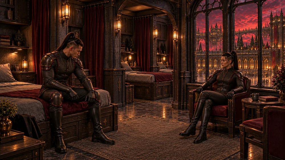 A male legionary sits on the edge of a bed and a female legionary sits with crossed legs in an armchair, both wearing their complete field uniforms.