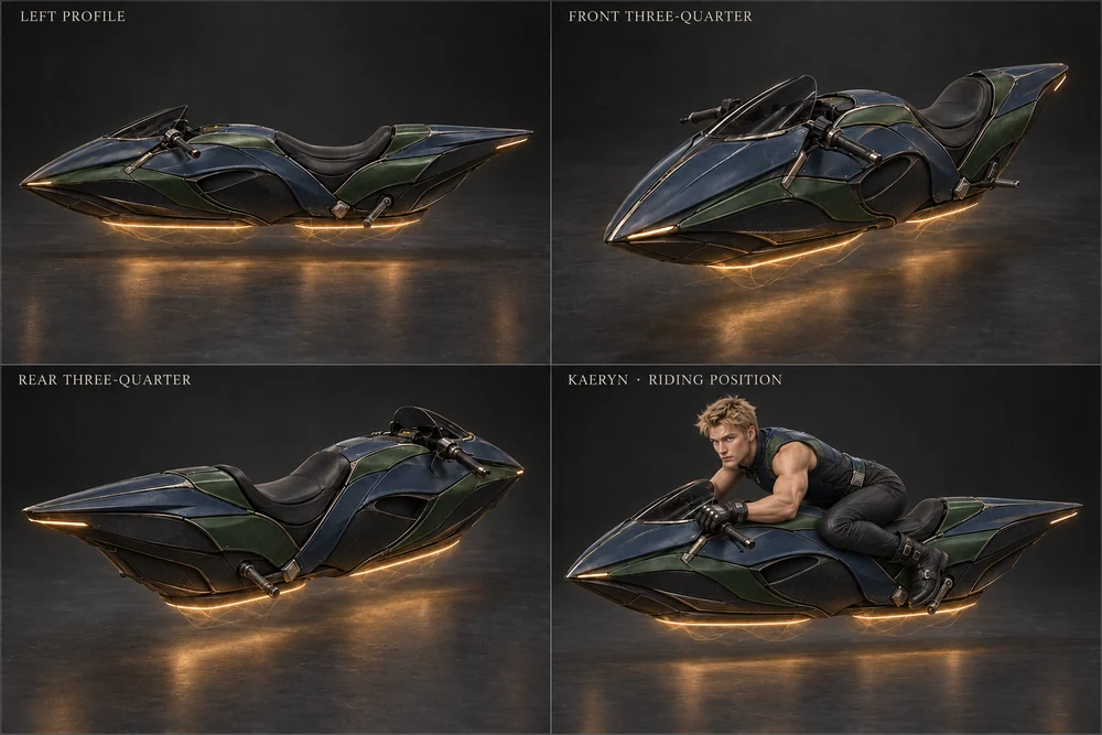 Four-panel reference sheet of the Aervhen racing hovercycle: left profile, front three-quarter, rear three-quarter and Kaeryn seated in a low riding posture. The machine has no wheels and floats on ochre light.