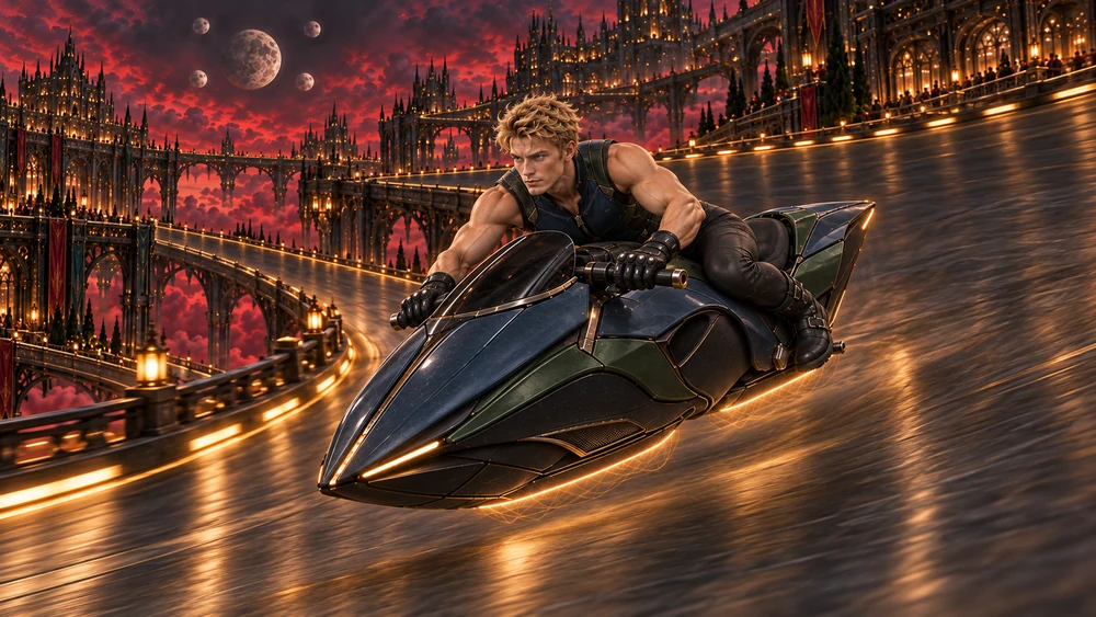 The blond Aervhen rider and his narrow blue-green hovercycle lean together over a banked suspended curve, with crimson clouds, iron arches and five moons behind them.