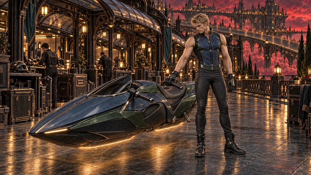 Kaeryn, a young adult blond rider in a sleeveless blue and green paneled jacket, stands beside a pointed levitating hovercycle while civilian technicians work behind him.