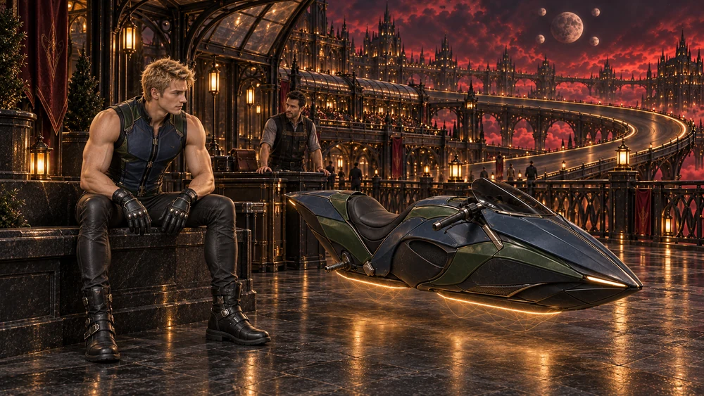 Kaeryn sits on a stone bench with both boots on the floor, beside his empty levitating hovercycle, while an adult civilian technician watches from a workbench.