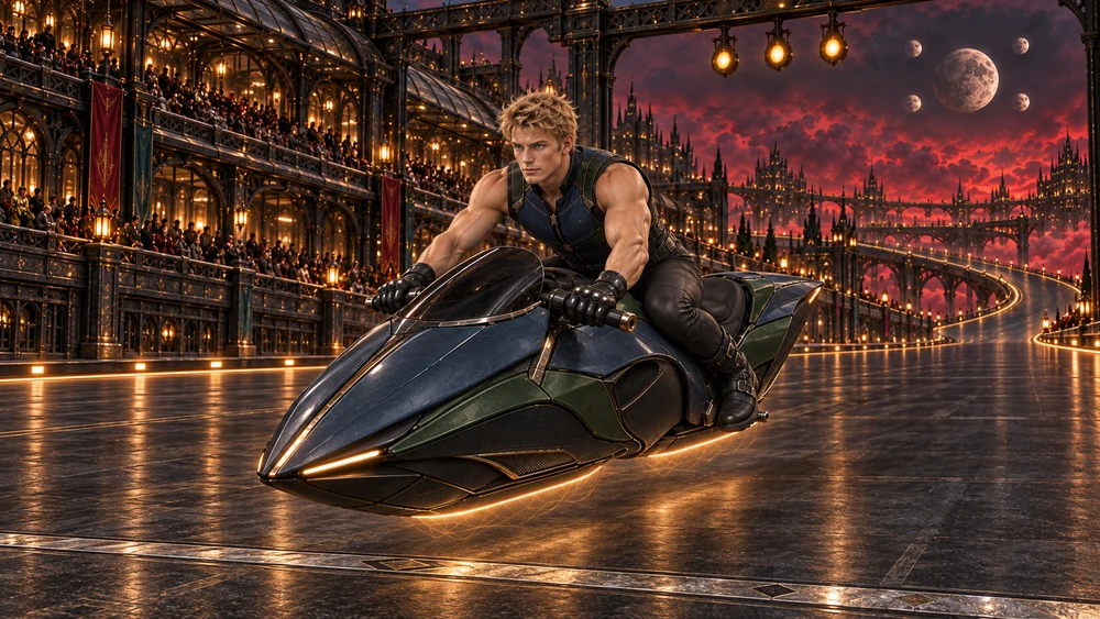 Kaeryn sits forward on his hovering racing vehicle before an inlaid starting line, beside glazed spectator galleries and a cluster of amber lamps.