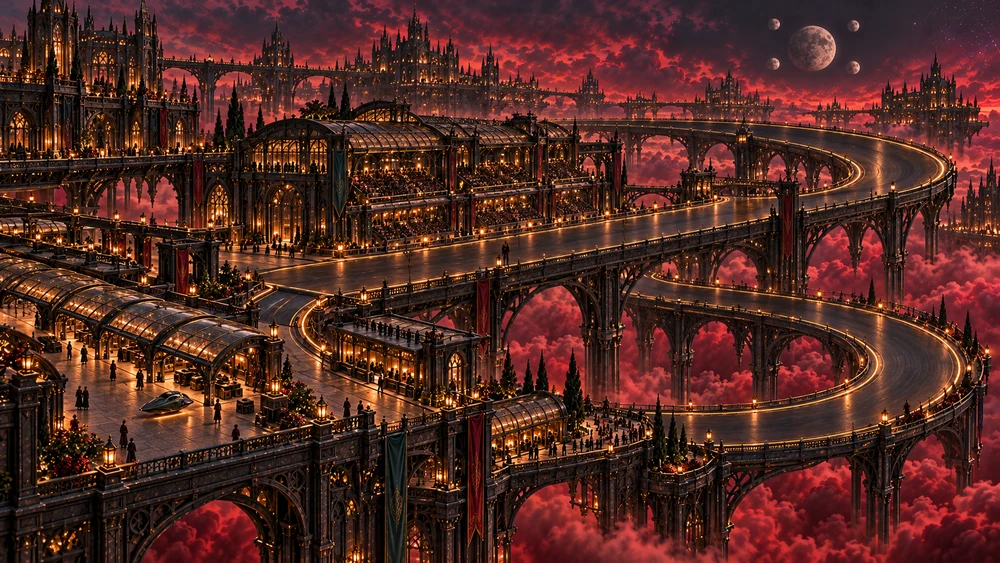 A suspended dark mineral racetrack curves between iron-supported levels, glazed spectator galleries and preparation courts above crimson clouds and five clustered moons.