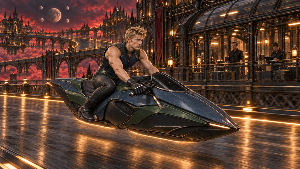Kaeryn rides low over a dark track, gloved hands at the controls, while ochre light gathers beneath the hovercycle and technicians observe from a protected gallery.