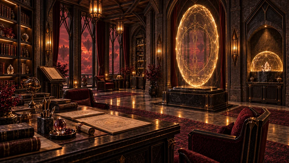An oval magical shield and smaller protective dome beside open study folios.