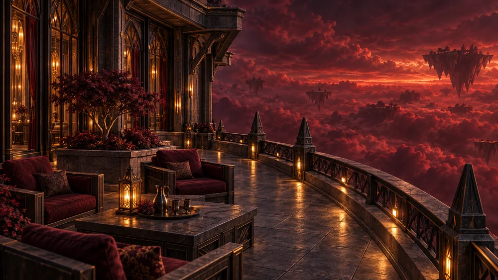 Curved residential terrace overlooking crimson clouds.