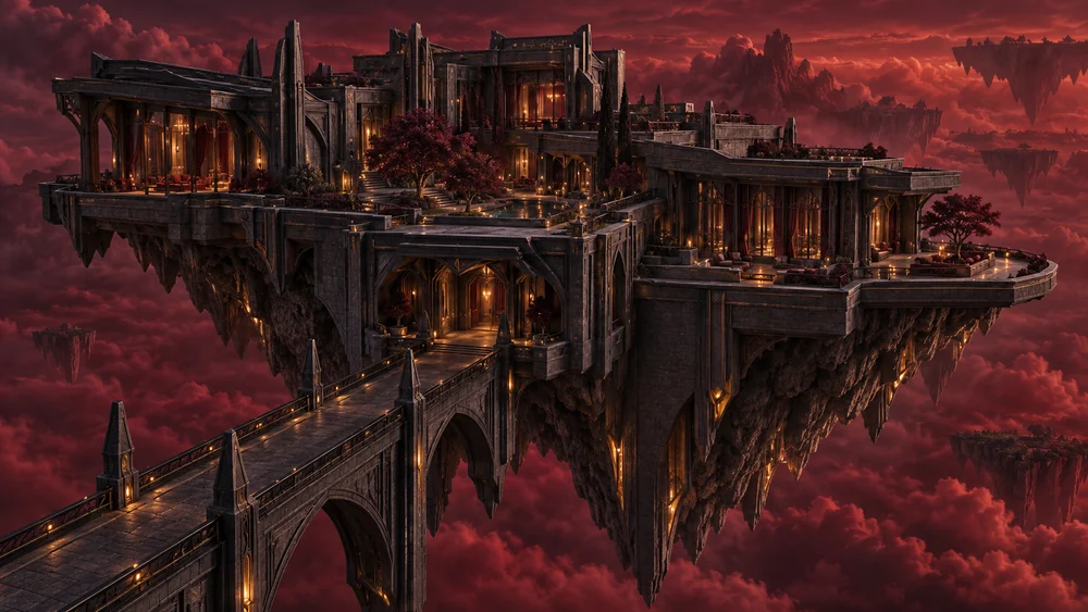 Stepped graphite residence with warm windows above crimson clouds.