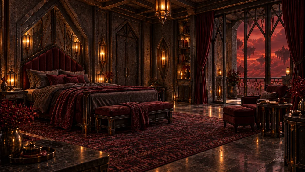 Private sleeping chamber with wine textiles and a sheltered balcony.