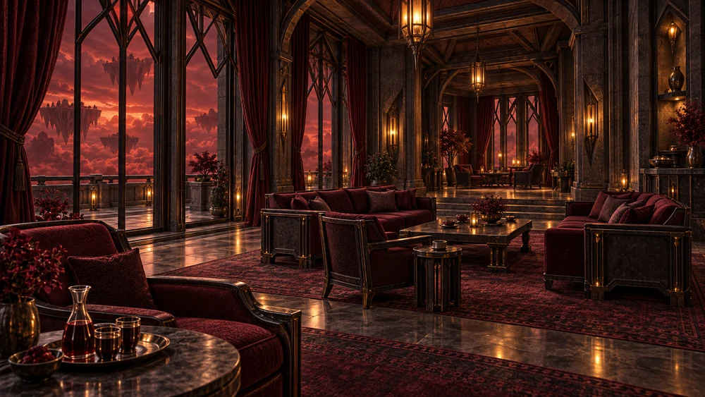 Wine-coloured seating and low tables in a warm reception salon.