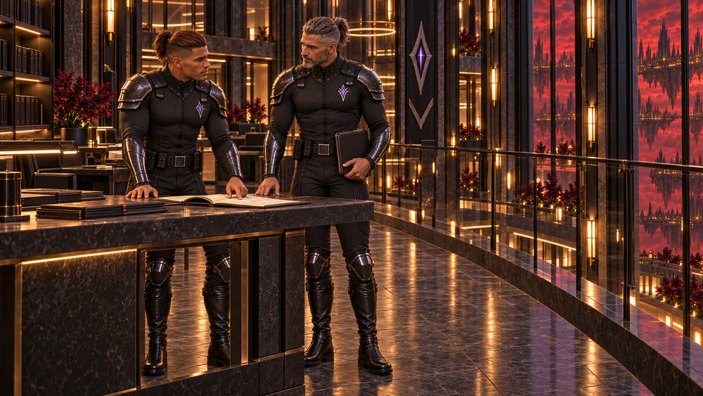 Two Watch officers consulting an open record beside tall windows.
