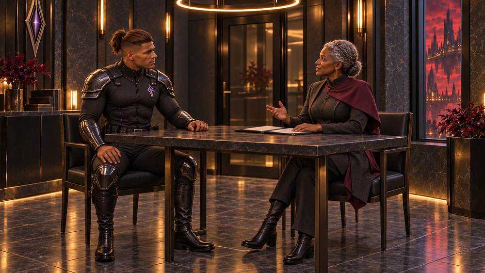 A Watch officer and visitor seated across a table in a private interview room.