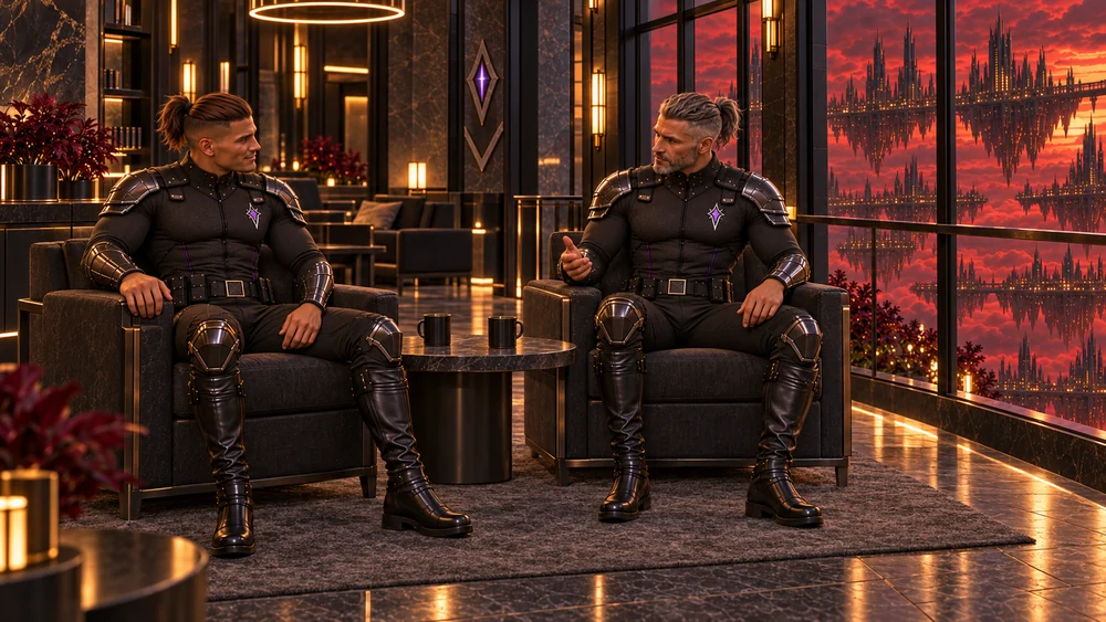 Two Watch officers seated in the commons beside a table with cups.