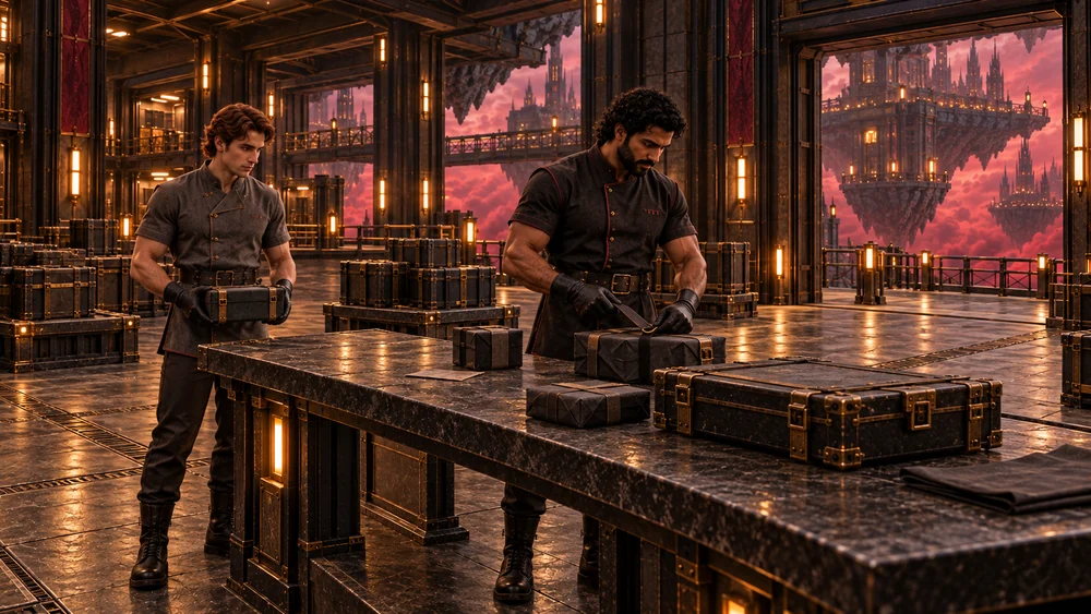 Two storekeepers preparing small parcels and securing packing straps.