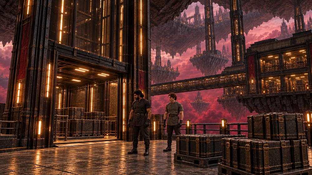 Prepared cargo and two storekeepers beside the cityward transfer landing.