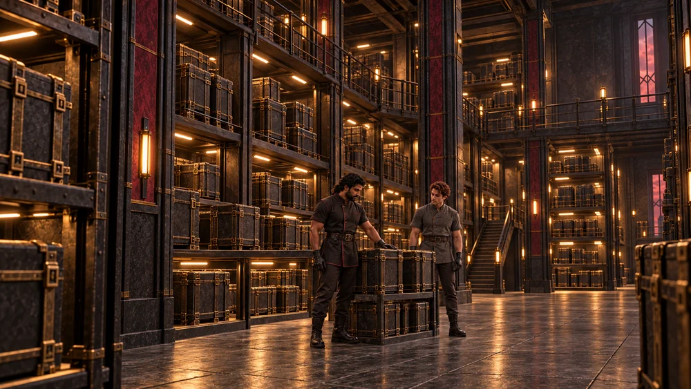 Two storekeepers among tall storage bays and elevated access galleries.