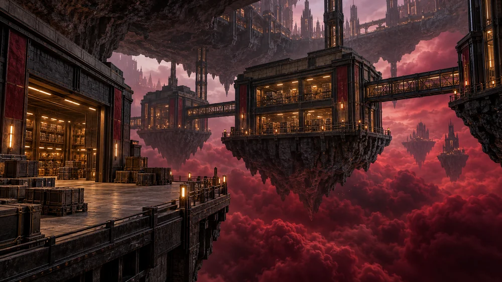 Compact warehouses suspended beneath Dravosk and joined by bridges.