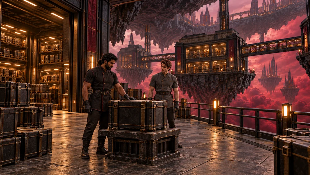 Two civilian storekeepers checking a closed transport case on the receiving deck.