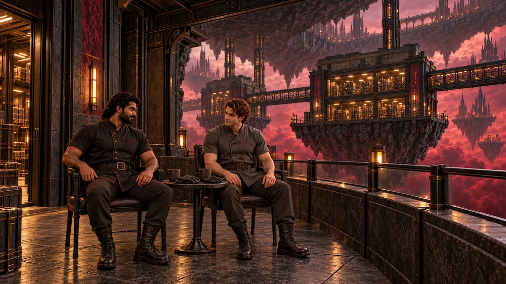Two storekeepers seated on a protected balcony with gloves and cups on a table.