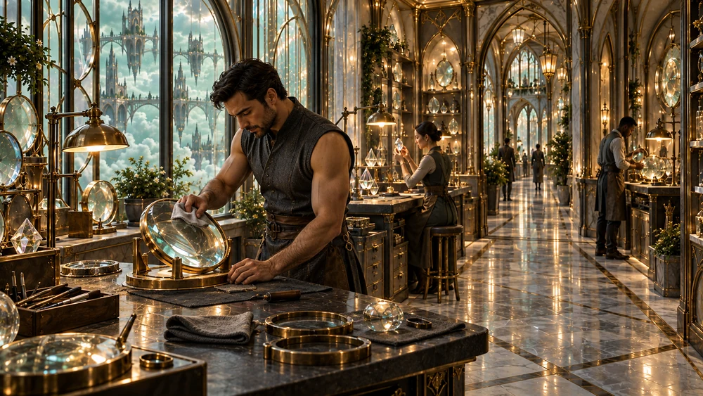An artisan polishing a supported lens inside a gallery of warmly lit glass workshops.