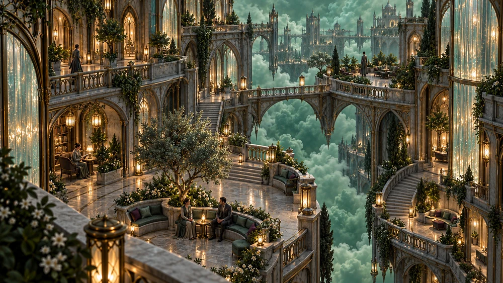 Residents resting in planted courts connected by short bridges beneath warm residential galleries.